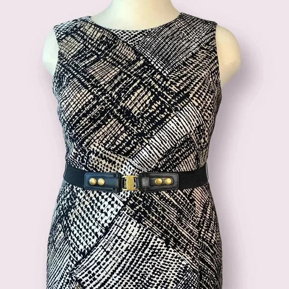 Jones Wear Vintage Casual Sleeveless Shift Dress Stretch Belt 14 Geometric Brown - Picture 4 of 16